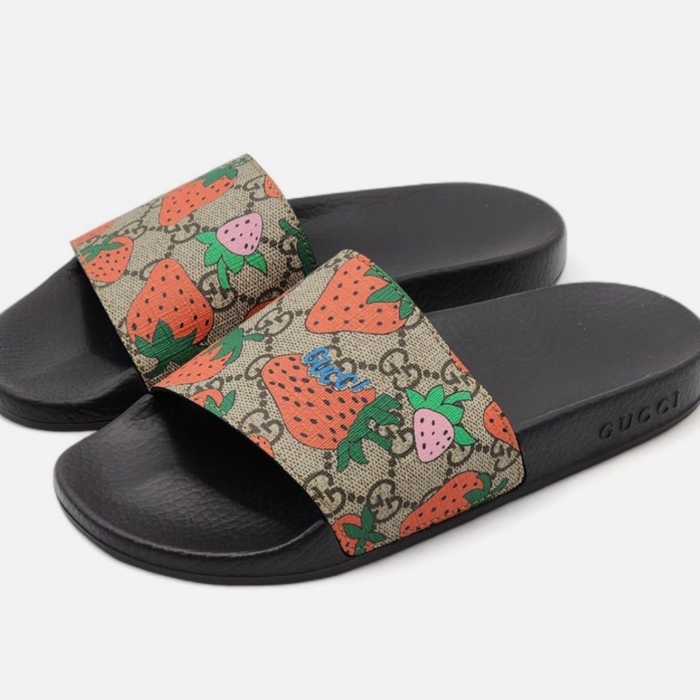 Used Gucci Black Leather Detail Slides Sandals Shoes Strawberry Size 10